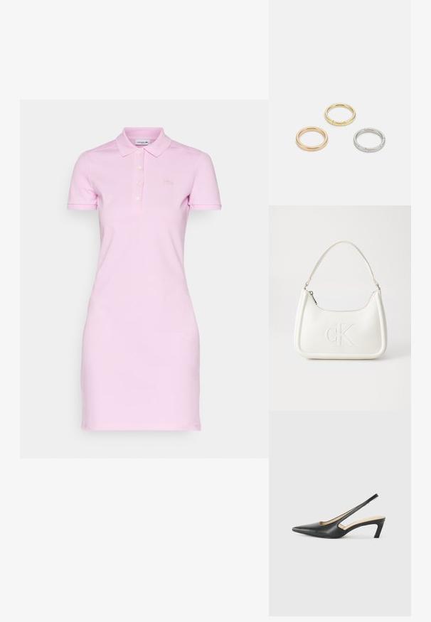 Világos rózsaszín pamut pólóruha, klasszikus gallérral, rövid ujjakkal, három gombos gombolással és hímzett logóval a mellkasán.; Fekete, hegyes orrú, slingback cipő alacsony sarkával, sima bőrből készült, oldalt kivágott deisgnal a légáteresztőképesség érdekében.; Fehér bőrtáska ívelt formájú, elöl feltűnő "CK" logóval, egyetlen vállpánttal. Cipzáras zárás a tetején.; Három fémgyűrű: az egyik rose gold, a másik texturált akcentusokkal ellátott arany, a harmadik pedig ezüst, mindegyiken gravírozott márkajelzés található a belső sávon.