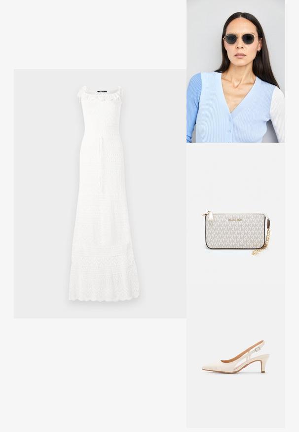 Fehér maxi ruha texturált anyagból, illeszkedő felsőrésszel, fodros díszítéssel a nyakvonalon és flared szegéllyel, geometrikus mintákkal.; Fehér slingback sarok, hegyes orral, sima felső anyaggal, alacsony blokk sarkával és oldalsó kivágott dizájnnal, állítható csatpánttal.; Kerek napszemüveg sötét lencsékkel és arany kerettel. A modellen világoskék, bordázott kardigán van gombokkal és kontrasztos fehér ujjaival.; Michael Kors bézs bevonatos vászon karkötő, amely ismétlődő MK logó mintával, aranyszínű fémrészletekkel és levehető lánchordóval rendelkezik.