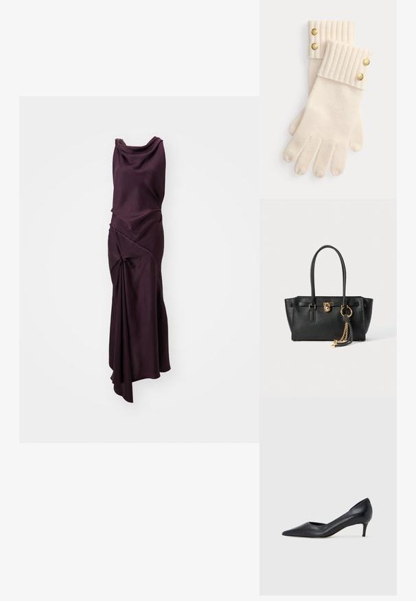 Vestido longo, sem mangas, em púrpura profundo, feito de tecido suave. Apresenta detalhes drapeados e torcidos com uma bainha assimétrica.; Sapato de salto alto preto em pele com bico fino e salto baixo. Apresenta uma textura suave e brilho subtil. Corte aberto na parte da frente para um detalhe adicional.; Bolsa de pele preta com alças duplas, fecho dourado e detalhe em corrente, além de um acessório de tassel preto e branco, contra um fundo branco.; Luvas de lã creme com punhos canelados, apresentando dois botões decorativos dourados no topo de cada punho. Textura suave com aberturas para os dedos.