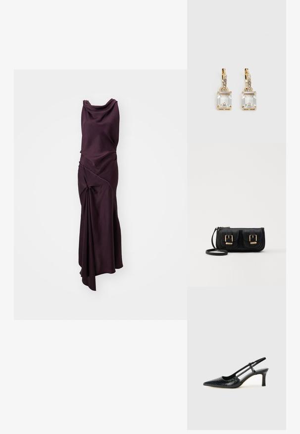 Duga, bezrukavna haljina u dubokoj ljubičastoj boji, izrađena od glatkog materijala. Ima drapirane i uvijene detalje s asimetričnom donjom rubom.; Crne lakirane slingback pete s oštrim vrhom, s teksturiranim uzorkom zmijske kože, podesivom remenom i kratkom, teksturiranom blok-petom.; Crna kožna torba preko ramena s dva prednja džepa, zlatnim kopčama, zatvaranjem na zip i uskim remenom. Teksturirana površina i kompaktan pravokutan oblik.; Zlatne naušnice s pravokutnim, prozirnim kristalom koji visi ispod niza malih, okruglih prozirnih akcenata. Elegantni, moderni dizajn.