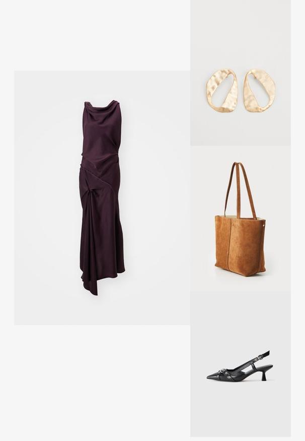Hosszú, ujjatlan ruha mélylila színben, sima anyagból készült. A ruhán redőzött és csavart részletek találhatók, aszimmetrikus szegéllyel.; Fekete bőr slingback cipő hegyes orral, dekoratív pántokkal, fém szemekkel és alacsony blokk sarkú. Texturált felület.; Barna nubuk bőr válltáska két hosszú fogantyúval, sima textúrával és varrott részletekkel, egyszerű, letisztult kialakítással.; Egy pár szabálytalan, ovális formájú, aranyszínű fém fülbevaló, enyhén kalapált felülettel, fehér háttéren.