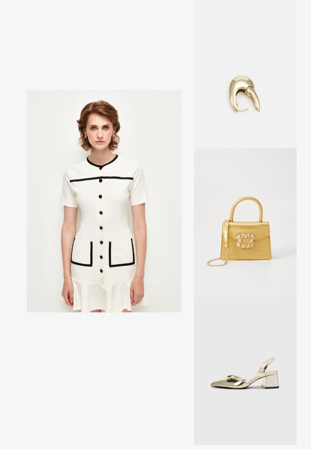 Crèmekleurige jurk met korte mouwen, ronde halslijn, zwarte accenten, knoopsluiting aan de voorkant en twee opgestikte zakken. A-lijn zoom.; Gouden, metalen slingback hakken met een spitse neus en een chunky hak. Glad oppervlak, minimalistisch ontwerp en een smalle band.; Geel faux-krokodillenhandtas met een gestructureerd ontwerp, bovenhandvat, afneembare kettingriem en decoratieve kristallen versiering op de sluiting.; Gouden metalen oorbel met een slank, gebogen ontwerp. Beschikt over een kenmerkende puntige vorm, gepolijste oppervlakte en scharnier sluiting.