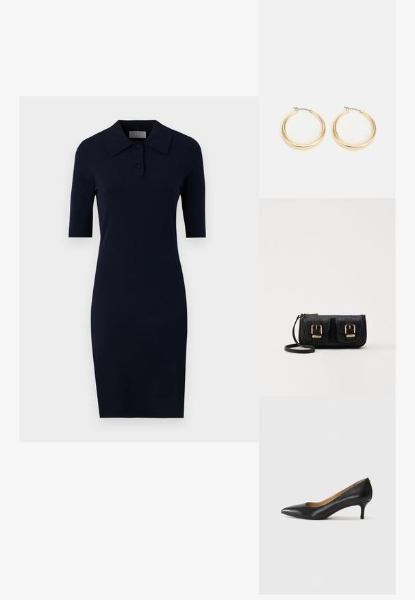 Tiger of Sweden RAYEN - Jerseykjole - light ink; Sorte lærpumpe med spiss tå, lav hæl og en glatt tekstur. Har en liten åpning foran og minimalt med beslag bak.; Svart skinn crossbody veske med to frontlommer, gyldne spenner, glidelåslukking og en slank stropp. Teksturert overflate og kompakt rektangulær form.; Gullfargede hoop-øreringer med en glatt, rund design, som har en tynn tråd-lås og en polert finish for et skinnende utseende.