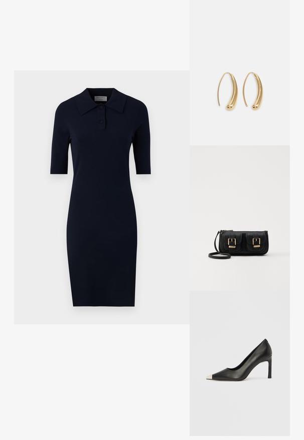 Tiger of Sweden RAYEN - Trikoomekko - light ink; Musta nahkainen korkokenkä, jossa on kärkiosa ja metallinen hopeanvärinen kärki. Kenkä on sileäpintainen ja siinä on kapea 10 cm korko.; Musta nahkainen olkalaukku, jossa on kaksi etutaskua, kultaiset soljet, vetoketjukiinnitys ja kapea hihna. Teksturoidun pinnan ja kompaktin suorakaiteen muoto.; Korvakorut kultasävytteistä metallista, joissa on kaareva, pitkänomainen muoto. Ominaisuuksiin kuuluu sileä, kiiltävä pinta ja pyöreä kärki lisäyksinä.