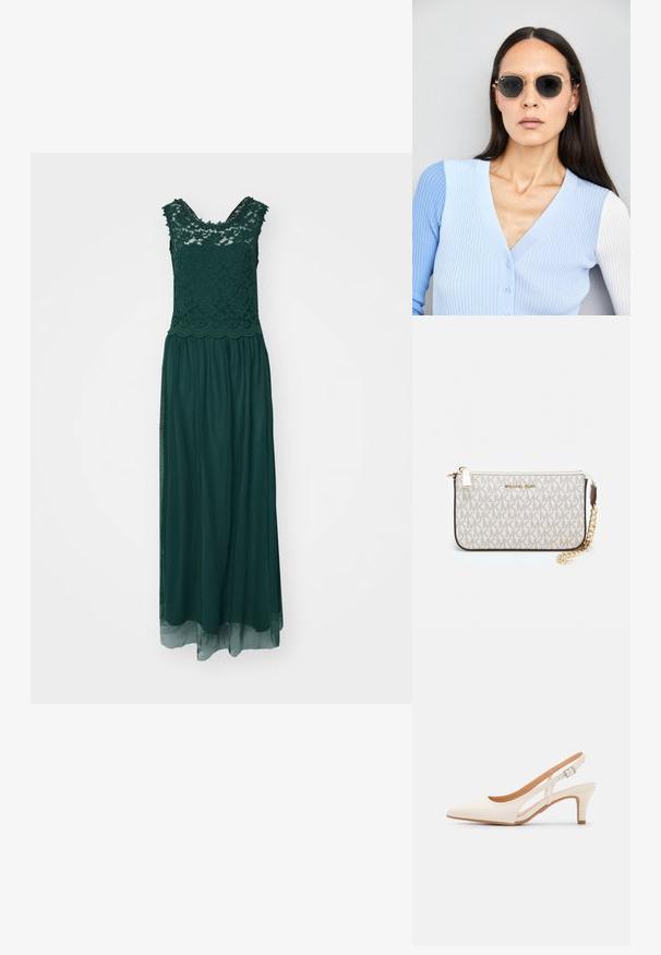 Zöld csipke és sifon maxi ruha, ívelt nyakkivágással, ujjatlan fazonnal és lebegő szoknyával. Tökéletes formális eseményekhez.; Fehér slingback sarok, hegyes orral, sima felső anyaggal, alacsony blokk sarkával és oldalsó kivágott dizájnnal, állítható csatpánttal.; Kerek napszemüveg sötét lencsékkel és arany kerettel. A modellen világoskék, bordázott kardigán van gombokkal és kontrasztos fehér ujjaival.; Michael Kors bézs bevonatos vászon karkötő, amely ismétlődő MK logó mintával, aranyszínű fémrészletekkel és levehető lánchordóval rendelkezik.