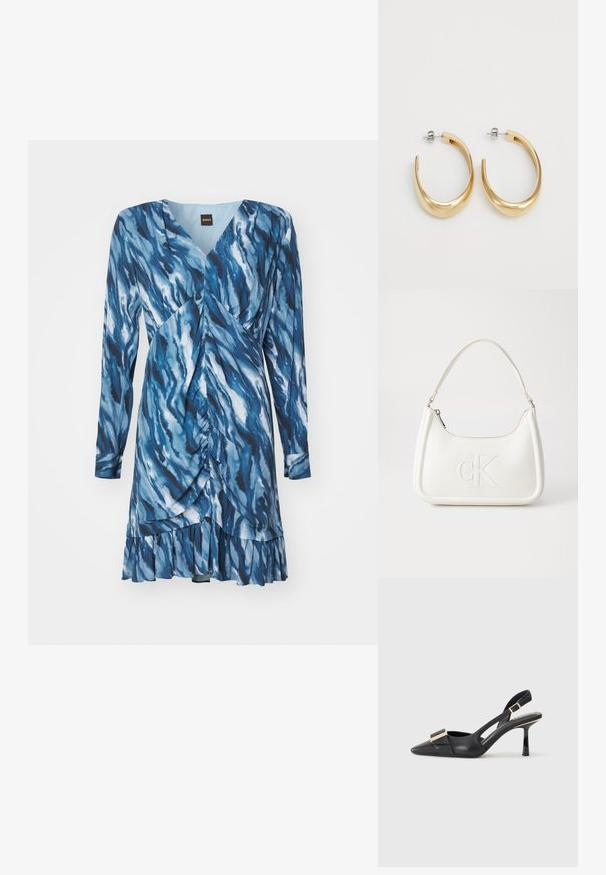 Kék ruha hullámos mintával, hosszú ujjak, V-nyak és ráncolt részletek. Szélesített alja fodros díszítéssel. Puha anyagból készült.; Fekete bőr slingback cipő hegyes orral, karcsú sarkal és aranyszínű kiegészítővel a lábfej résznél. Simább szerkezet és letisztult dizájn.; Fehér bőrtáska ívelt formájú, elöl feltűnő "CK" logóval, egyetlen vállpánttal. Cipzáras zárás a tetején.; Aranyszínű karika fülbevalók sima, ívelt dizájnnal. Fémből készültek, elegáns kivitelben, és tűzáras zárással rendelkeznek.