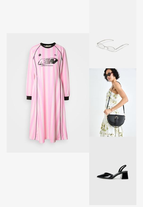 Haljina dugih rukava svijetlo ružičaste boje s tamnije ružičastim i bijelim vertikalnim prugama, s crnim okruglim izrezom i crnim manžetama. Na prednjoj strani prikazan logotip.; Crne lakirane kožne sandale s otvorenom petom i špicastim vrhom, s geometrijskom blok petom. Imaju elegantan, minimalistički dizajn i glatku teksturu.; Ovalne naočale s metalnim srebrnim okvirom, prozirnim staklima i teksturiranim bisernim detaljima na krakovima. Lagani dizajn s zakrivljenim krakovima.; Crna kožna torba s lukovitim oblikom, odvojivim remenom i zlatnim detaljima. Torba ima preklop s kopčom.