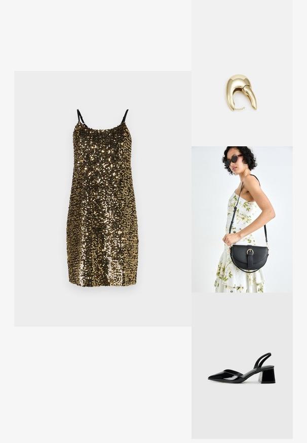 Vestido preto com alças finas, coberto de lantejoulas douradas e bronze, apresentando um corte justo e uma textura suave.; Sandy em verniz preto com salto slingback, ponta afilada e salto geométrico. Apresenta um design elegante e minimalista com textura suave.; Bolsa de couro preta com forma curva, alça destacável e detalhes em dourado. A bolsa possui uma aba com detalhe de fivela.; Brinco em metal dourado com um design elegante e curvo. Apresenta uma forma pontiaguda distinta, superfície polida e fecho por dobradiça.