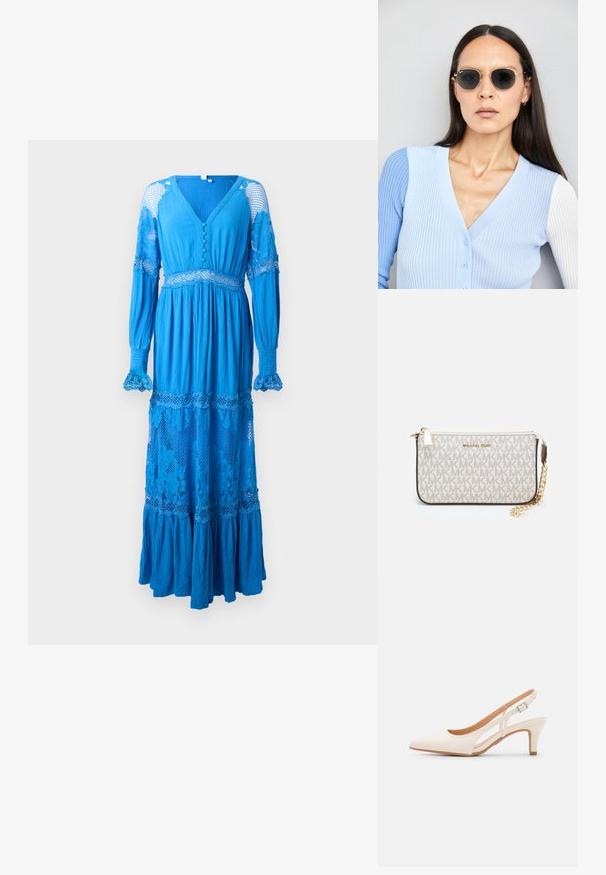 Lang blauwe jurk met een diepe V-hals, knoopdetails, kantaccenten op de mouwen en gelaagde ruffle zoom. Gemaakt van lichte, gestructureerde stof.; Witte slingback hak met een spitse neus, glad bovenmateriaal, lage blokhak en een design met uitsparingen aan de zijkant, voorzien van een verstelbare gespsluiting.; Ronde zonnebrillen met donkere glazen en gouden montuur. Het model draagt een lichtblauwe, geribbelde cardigan met knopen en contrasterende witte mouwen.; Michael Kors polsbandje in beige gecoate canvas met een herhaald MK-logo patroon, gouden hardware en een afneembare kettingriem.