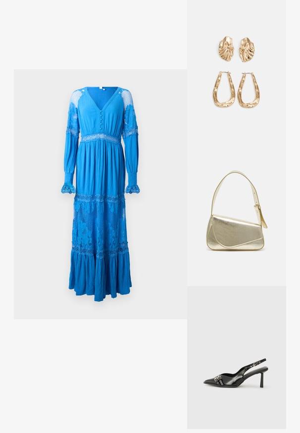 Ilga mėlyna suknelė su giliu V formos iškirpimu, mygtukų detalėmis, nėriniuotais akcentais ant rankovių ir sluoksniuota volanų apdaila. Pagaminta iš lengvo, tekstūruoto audinio.; Juodas lakuotas odinis batelis su smailiu pirštu, kulkšnies dirželiais su sidabrinėmis sagtimis ir detalėmis, bei plonu kulnu.; Aukso metalinės rankinės su struktūrizuotu dizainu, lygaus paviršiaus ir reguliuojama dirželiu. Pasižymi unikaliu trikampiu pavidalu ir minimalizmu siuvinėjime.; Auksinės auskarai, turintys tekstūruotus, bangų formos elementus. Įeina skulptūriniai segami auskarai ir atviri lankai su išmuštu paviršiumi.