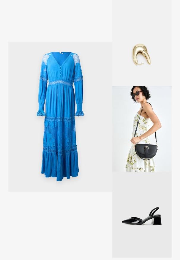 Dolga modra obleka z globokim V-izrezom, podrobnostmi z gumbi, čipkastimi poudarki na rokavih in plapolajočim robom. Narejena iz lahkotnega, teksturiranega blaga.; Črne lakirane slingback pete s koničastim nosom in geometrijsko blokasto peto. Imajo eleganten, minimalističen dizajn in gladko teksturo.; Črna usnjena torbica s ukrivljeno obliko, z odstranljivo naramnico in zlatimi dodatki. Torbica ima pokrov s podrobnostmi v obliki zaponke.; Uhane nakit iz zlatastega tona z gladko, ukrivljeno zasnovo. Ima edinstveno koničasto obliko, polirano površino in zaponko s tečajem.