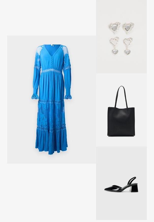 Vestido longo azul com decote em V profundo, detalhes de botões, acentos de renda nas mangas e barra em camadas com babados. Feito de um tecido leve e texturizado.; Sandy em verniz preto com salto slingback, ponta afilada e salto geométrico. Apresenta um design elegante e minimalista com textura suave.; Bolsa tote preta em couro com textura lisa, forma retangular e duas alças longas. Sem hardware ou enfeites visíveis.; Os brincos em forma de coração prateados apresentam pedras claras facetadas, com uma moldura texturizada. O conjunto inclui estilos de botão e de gota.