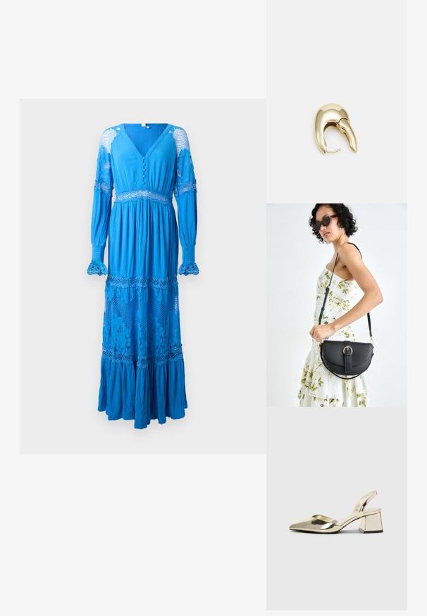 Lang blå kjole med dyp V-hals, knappedetaljer, blondedekorasjoner på ermene og lagdelt volangkant. Laget av lett, teksturert stoff.; Gull, metallisk slingback-hæler med spiss tå og chunky hæl. Glatt tekstur, minimalistisk design og en smal stropp.; Svart lærveske med en buet form, avtagbar stropp og gullbeslag. Vesken har et klaff med spenne-detall.; Gullfarget metalløredobber med et elegant, buet design. Har en karakteristisk spiss form, polert overflate og hengsel-lukking.