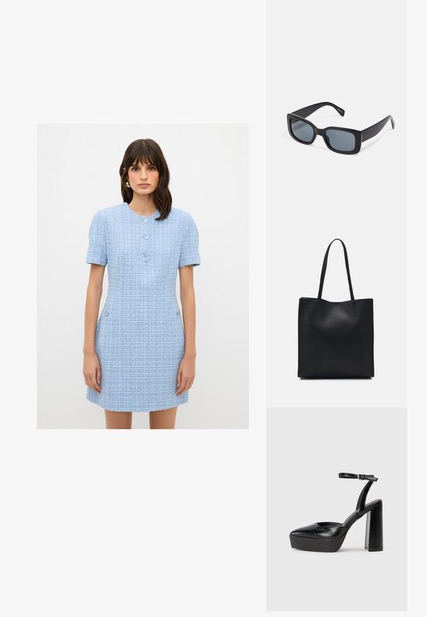 Helles blaues Kleid aus Tweedstoff, mit kurzen Ärmeln, rundem Kragen und drei dekorativen Knöpfen an der Vorderseite.; Schwarze Plateau-High Heels mit spitzem Zeh und verstellbarem Knöchelriemen. Gefertigt aus glattem Leder und mit einem klobigen Blockabsatz.; Schwarze rechteckige Sonnenbrille mit dunkel getönten Gläsern, dickem Kunstrahmen und breiten Bügeln. Glatte Oberfläche und kantiges Design.; Schwarze Laptoptasche aus Leder mit glatter Textur, rechteckiger Form und zwei langen Griffen. Keine sichtbaren Beschläge oder Verzierungen.