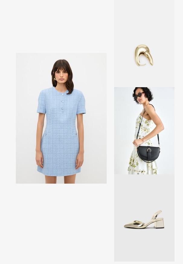 Jasnoniebieska sukienka z tkaniny tweedowej, z krótkimi rękawami, okrągłym dekoltem i trzema ozdobnymi guzikami z przodu.; Złote, metaliczne szpilki z boku z wydłużonym noskiem i grubym obcasem. Gładka faktura, minimalistyczny design i wąski pasek.; Czarna skórzana torebka o zakrzywionym kształcie, z odpinanym paskiem i złotymi akcentami. Torebka posiada klapę z zapięciem w kształcie klamry.; Złote metalowe kolczyki o eleganckim, zakrzywionym kształcie. Posiadają charakterystyczny szpiczasty kształt, polerowaną powierzchnię oraz zapięcie na zawias.