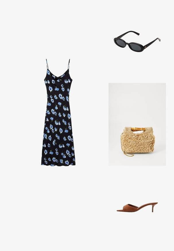 Črna krilna obleka z modrimi cvetličnimi vzorci, tankimi naramnicami, ovratnikom v stilu kapele in sproščenim krojem, ki sega nad kolena.; Rjave semiš odprte mule s ukrivljenim dizajnom, ki se ponašajo z nizko stiletto peto in gladkimi, minimalističnimi linijami.; Črne oversize sončne očala z ovalnimi lečami, gladkim plastičnim okvirjem in zlatenimi detajli na templjih. Temne leče zagotavljajo zaščito pred soncem.; Woven straw torba z bambusovimi ročaji, z teksturiranim frufru dizajnom v naravni bež barvi in z zlatim verižnim pasom.