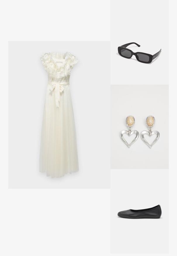 Fehér ujjatlan ruha fodros virágmintás dekoltázzsal, pöttyös mintával és szatén derékpánttal. Padlóig érő, puha anyag, átlátszó fedőréteggel.; Fekete bőr balettcipő lekerekített orral, sima tekstúrával, minimális varrással és rugalmas talp kialakítással.; Fekete téglalap alakú napszemüveg sötét lencsékkel, sima műanyag kerettel és széles szárakkal. Diszkrét márkázás az oldalon.; Ezüst szív alakú fülbevalók fényes felülettel. Mindegyik egy texturált bézs ovális studdal rendelkezik. Elegáns és könnyű kialakítás.