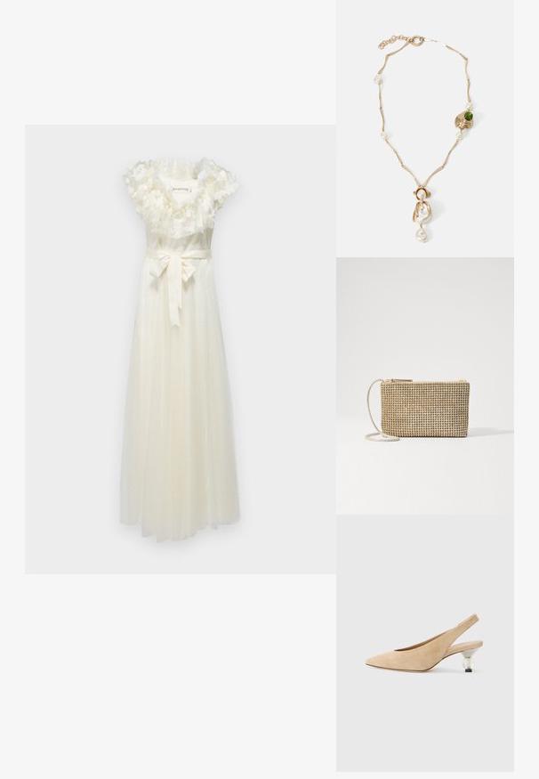 Biela bezrukávová šaty s volánovým kvetinovým výstrihom, bodkovaným vzorom a saténovým pásikom v páse. Dlhé až po zem, vyrobené z mäkkého materiálu s priesvitnou vrstvou.; Béžová semišová slingback obuv s špicatou špičkou a priehľadným, zaobleným podpätkom. Hladká textúra a minimalistický dizajn.; Loeffler Randall YASMINE FLAT CLUTCH - Taška cez plece - gold; Zlatý náhrdelník s prepletenými článkami, bielymi perlami a akcentom z zelenej kamene. Obsahuje zložitú detailnú prácu a zapínanie na zámok.
