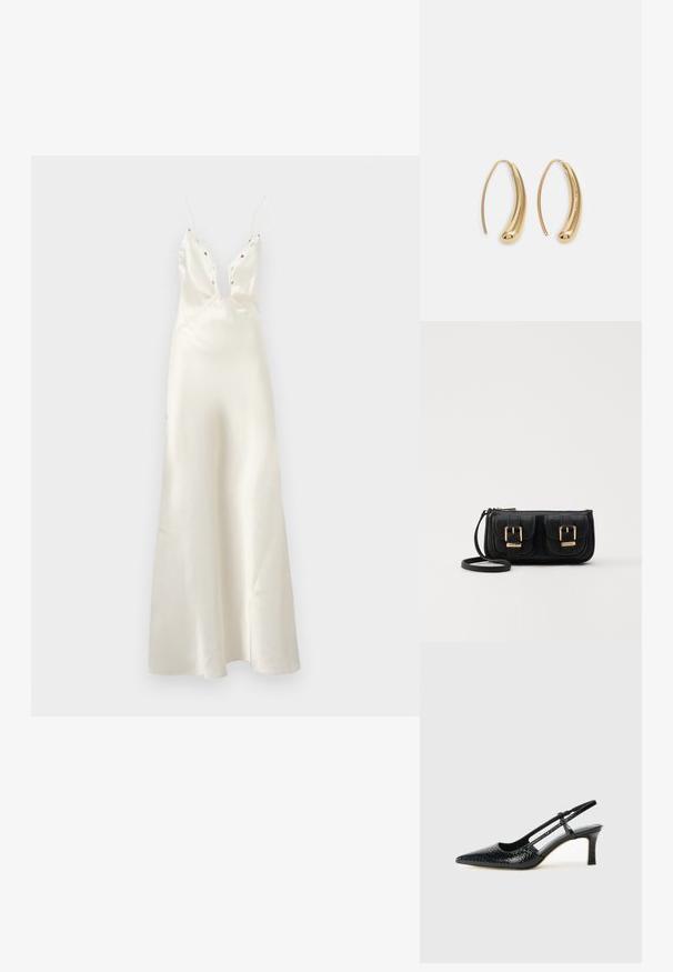 Satin ivory dress with a deep V-neck, thin straps, and floral embroidery accents. Features a fitted bodice and flowing skirt.; Black patent slingback heel with a pointed toe, featuring textured snake print, adjustable strap, and a short, textured block heel.; Black leather crossbody bag with two front pockets, gold buckles, zipper closure, and a slim strap. Textured surface and compact rectangular shape.; Gold-tone metal hoop earrings with a curved, elongated shape. Features a smooth, shiny surface and a rounded tip for added detail.