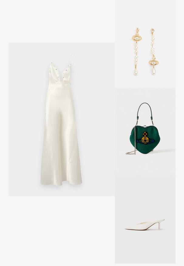 Sukienka z satynowego jedwabiu w kolorze kości słoniowej z głębokim dekoltem w kształcie litery V, cienkimi ramiączkami i kwiatowymi haftami. Posiada dopasowaną górę i zwiewną spódnicę.; Białe mule z ostrym noskiem i niskim obcasem w kształcie słupka. Wykonane z gładkiego materiału o minimalistycznym designie i subtelnym brązowym detalem na podeszwie.; Zielona torebka w kształcie serca z żółto-niebieskim emblematem planety, krótkim uchwytem i srebrnym łańcuszkiem na białym tle.; Złote kolczyki z perłowymi koralikami oraz okrągłym wisiorkiem z wiszącą perłą. Akcentowane przez przezroczysty kryształ przy zapięciu.
