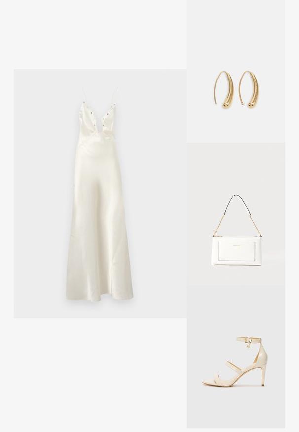 Szatén elefántcsont színű ruha mély V-nyakköppel, vékony pántokkal és virágmintás hímzésekkel. Illeszkedő felsőrésszel és légies szoknyával rendelkezik.; Beige magassarkú szandál vékony bokapánttal és két felső pánttal. Fényes lakk felület és arany hardware részlet a bokapánton.; Fehér bőr kézitáska, texturált felülettel, arany lánccal és fekete részletekkel. Elülső zsebbel és cipzáros zárással rendelkezik.; Aranyszínű fémből készült karika fülbevalók ívelt, hosszúkás formával. Simaságával és fényes felületével, valamint lekerekített végével további részletekkel bővül.