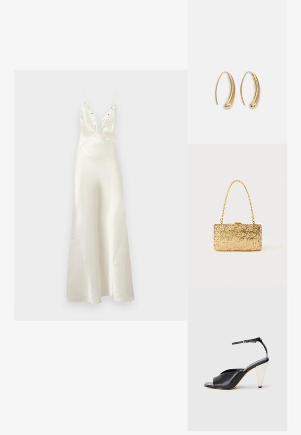 Satinasti ivory haljina s dubokim V-izrezom, tankim naramenicama i cvjetnim izvezenim detaljima. Ima prikladno tijelo i lepršavu suknju.; Crne kožne sandale s visokim potpeticama, otvorenim prstima, asimetričnim dizajnom, remenom oko članka i metalnom konusnom potpeticom. Glatka tekstura kroz cijelu cipele.; Zlatna šljokasta torbica u pravokutnom obliku, s uvrnutom lancem kao drškom i metalnim kopčanjem, koja odražava svjetlost s teksturiranim završetkom.; Zlatne metalne naušnice u obliku obruča s zakrivljenim, izduženim oblikom. Imaju glatku, sjajnu površinu i zaobljeni vrh za dodatni detalj.
