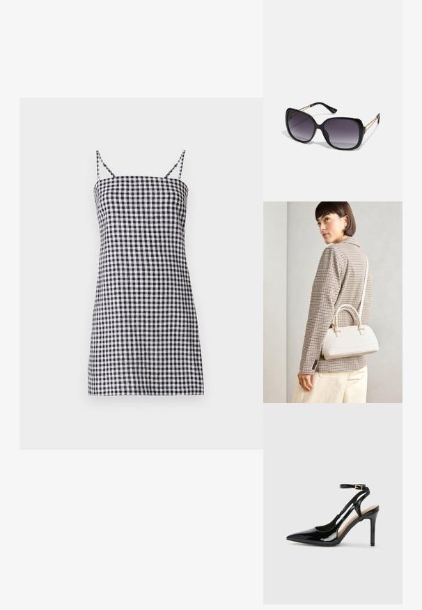 Black and white checked dress with thin spaghetti straps, straight silhouette, and a fitted bodice. Cotton material with a smooth texture.; Black patent leather high-heeled slingback shoe with pointed toe, adjustable ankle strap, and open sides. Smooth texture.; Black oversized sunglasses with gradient lenses, thick frames, and gold-tone chain detailing on the temple arms.; White structured handbag with short handles and a shoulder strap, featuring gold hardware accents and textured material, displayed against a grey background.
