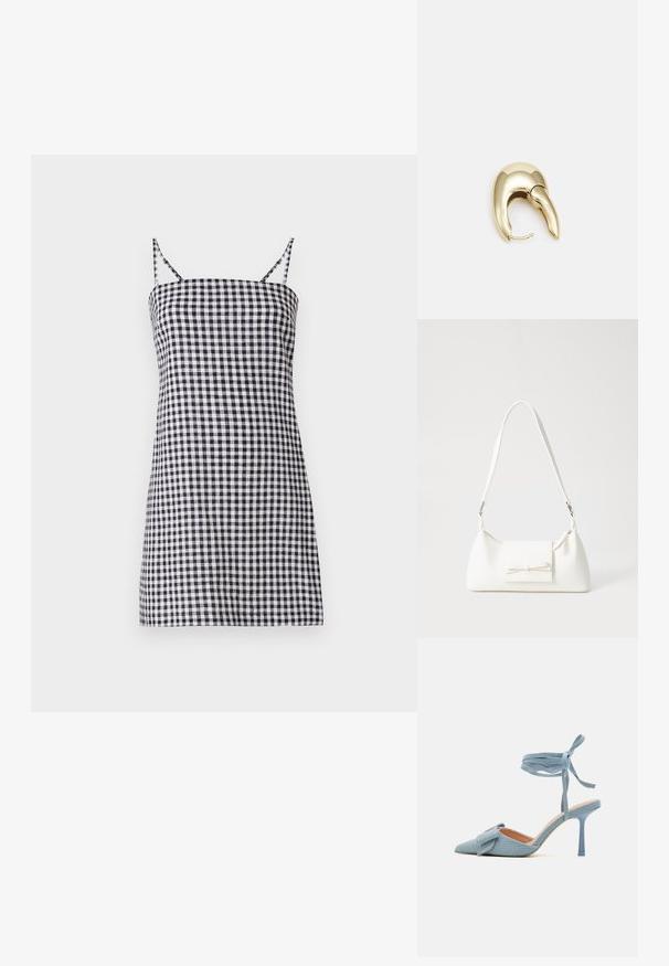 Mustvalge ruuduline kleit õhukeste spagetikaeltega, sirge siluett ja hästi istuv pluus. Puuvillane materjal, millel on sile tekstuur.; Kitsas varbaga kõrge kontsaga kingad helesinisest kangast, millel on tekstuuriga viimistlus, kaunistatud paeltega ja pahkluuringiga, tagamaks kindlat sobivust.; Valge sünteetilisest materjalist kott kolmnurkse kujuga, lame esiklapiga ja kaaredetailiga, reguleeritava rihmaga, sileda tekstuuriga ja minimalistliku disainiga.; Kuldtooni metallist kõrvarõngas, millel on elegantne ja kaarjas disain. Omab silmapaistvat teravat kuju, poleeritud pinda ja hingesulgemist.