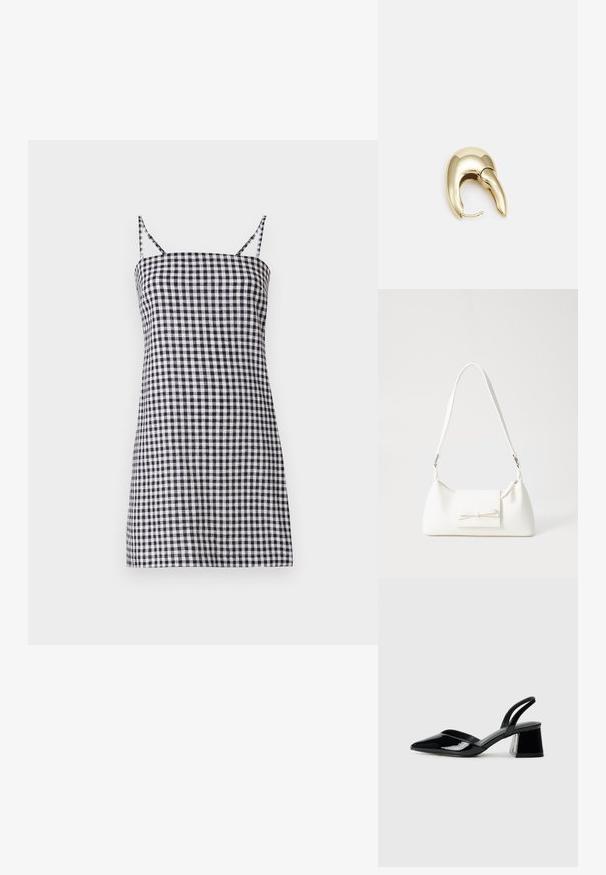 Haljina na crno-bijele kockice s tankim trakama, ravnog silueta i prilagođenim korzetom. Pamuk s glatkom teksturom.; Crne lakirane kožne sandale s otvorenom petom i špicastim vrhom, s geometrijskom blok petom. Imaju elegantan, minimalistički dizajn i glatku teksturu.; Bijela sintetička torbica s trokutastim oblikom, ravnim prednjim poklopcem i detaljem u obliku mašne, podesivom remenom, glatkom teksturom i minimalističkim dizajnom.; Zlatne metalne naušnice s elegantnim, zakrivljenim dizajnom. Imaju karakterističan šiljast oblik, poliranu površinu i zatvaranje na šarku.