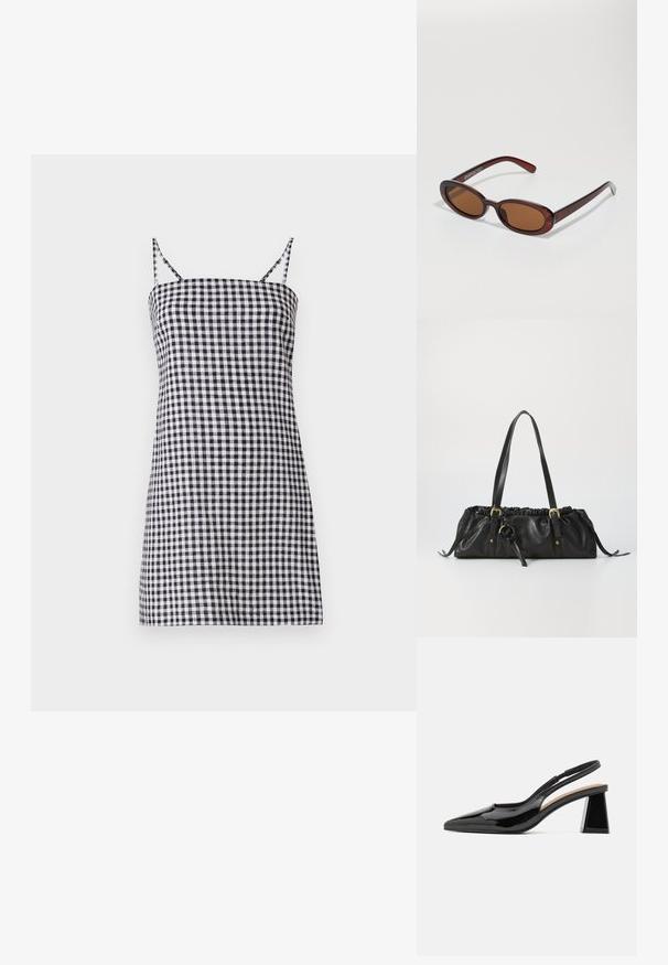 Obleka s črno-belim karirastim vzorcem, tankimi naramnicami, ravno silhueto in prilegajočim bodijem. Iz bombažnega materiala z gladko teksturo.; Črne lakaste sandale s peto in ostrim nosom, ki imajo edinstveno geometrijsko blok panto. Gladka tekstura. Prilagodljiv trak za podporo.; Okrogle, rjavo obarvane sončne naočare z sijočim burgundskim okvirjem. Tanek nosilec s subtilnim logotipom. Oblika leč je ravna.; Črna usnjena torbica z nabranim vrhom, dvema naramnima trakom, zlatom tonirano kovinsko opremo in osrednjim krožnim okrasom. Gladka tekstura, kompaktné obliko.