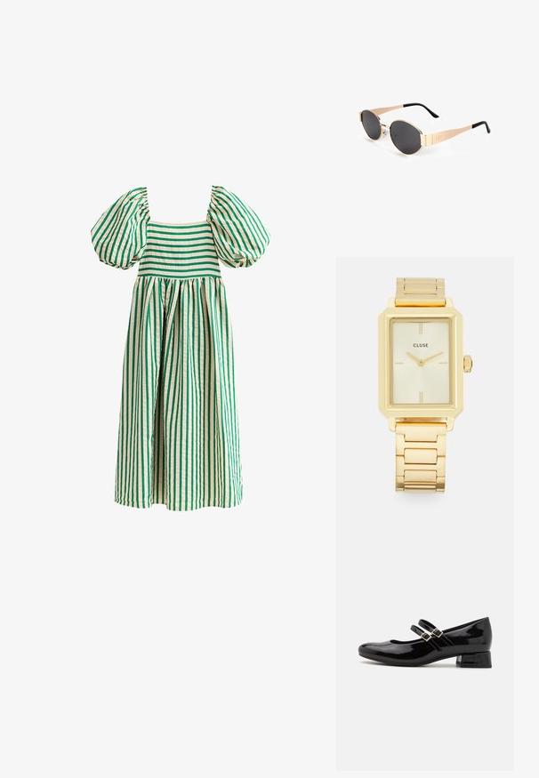 Grün und creme gestreiftes Kleid mit Puffärmeln, quadratischem Ausschnitt und voluminösem, gerafftem Rock. Aus leichtem Material gefertigt.; Schwarze Lackleder-Mary-Jane-Schuhe verfügen über eine abgerundete Zehenpartie, zwei verstellbare Schnallenriemen und einen niedrigen Blockabsatz. Glatte Textur, minimalistisches Design.; Goldfarbene ovale Sonnenbrillen mit dunklen Gläsern, die ein elegantes Design, dünne Bügel und einen schwarzen Akzent am Schläfenbereich aufweisen. Modellnummer L37.; Goldfarbene rechteckige Armbanduhr mit minimalistischem Design, ausgestattet mit einem cremfarbenen Zifferblatt, goldenen Zeigern und einem Gliederarmband aus Metall. Die Markierungen umfassen den Markennamen.