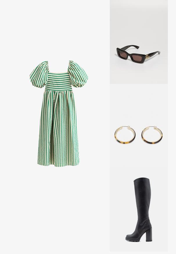Robe rayée verte et crème avec des manches bouffantes, un décolleté carré et une jupe ample et froncée. Fabriquée en tissu léger.; Botte noire montante, en cuir lisse, avec un talon épais, un bout rond, une semelle texturée avec adhérence, au design élégant sans embellissements.; Lunettes de soleil en écaille de tortue noire avec des verres rectangulaires, teinte marron, épais cadre et détail de logo double-G doré sur la branche.; Boucles d'oreilles en métal doré avec un bord extérieur en résine à motif écaille de tortue, dotées d'une finition lisse et d'une forme circulaire élégante.