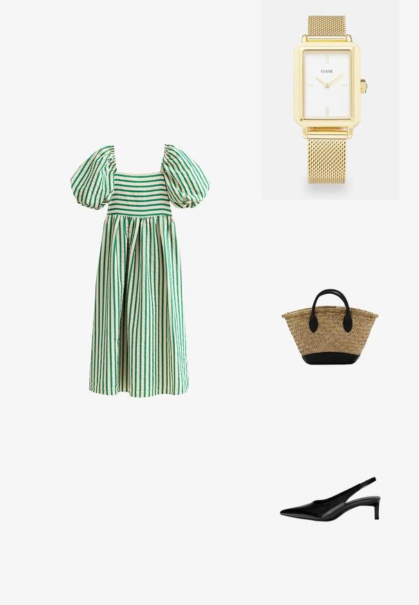 Robe rayée verte et crème avec des manches bouffantes, un décolleté carré et une jupe ample et froncée. Fabriquée en tissu léger.; Chaussure slingback en cuir noir avec un bout pointu, un petit talon et un design découpé sur les côtés. Texture lisse avec une apparence élégante.; Panier en paille tressée avec une forme évasée, doté d'une base en cuir noir et de poignées. Fibres naturelles texturées avec des accents noirs lisses.; Montre rectangulaire en or avec un cadran blanc, des marqueurs d'heure minimalistes et un bracelet en métal maillé. Elle possède une couronne latérale pour régler l'heure.; Collier en argent avec un design élégant et incurvé, orné de cinq accents en grappes de gemmes transparentes, créant une apparence moderne et raffinée.