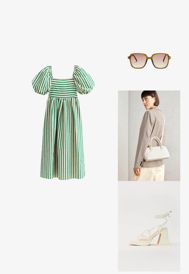 Abito a righe verde e crema con maniche a sbuffo, scollo quadrato e gonna ampia e arricciata. Realizzato in tessuto leggero.; Sandalo bianco con tacco alto, caratterizzato da un design a cinturini e un legaccio alla caviglia. Texture liscia con una piattaforma frontale per un'altezza aggiuntiva.; Occhiali da sole quadrati con una montatura traslucida marrone chiaro, lenti rosa sfumate e aste scure marroni. Design minimalista con accenti hardware sottili.; Borsa a mano bianca strutturata con manici corti e tracolla, dotata di dettagli in metallo dorato e materiale testurizzato, esposta su uno sfondo grigio.