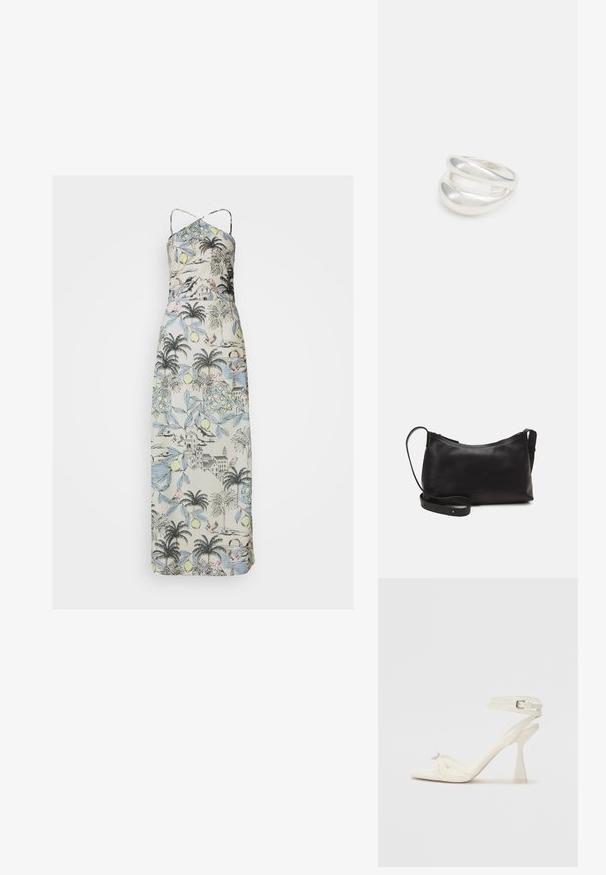 Maksi kleita ar plānām siksnām, kas izgatavota no gaisīgas auduma, rotāta ar botānisku un ainavas apdruku pasteļtoņos.; Balti ādas striķu augstpapēžu sandales ar elegantu dizainu, caurspīdīgu blokveida papēdi un dekoratīvu elementu pirksta daļā.; Melna ādas plecu soma ar gludu tekstūru, izliekta forma, regulējama siksna un rāvējslēdzēja aizdare. Minimālistisks dizains bez rotājumiem.; Sudraba divu joslu gredzens ar gludu, pulētu virsmu. Iezīmējas ar plūstošu, izliekta dizaina struktūru ar pārklājošām sekcijām modernam izskatam.