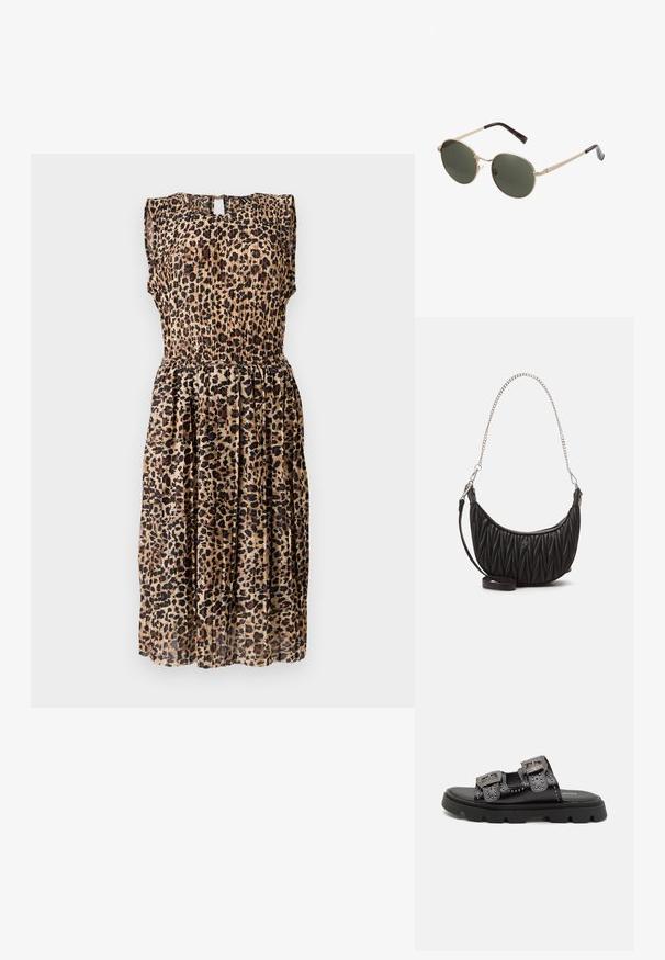 Bézs és barna tónusú leopárdmintás, ujjatlan ruha, plisszírozott szoknyával és kulcslyuk hátkivágással. Az anyag lágy és könnyű.; Fekete szandálok, két széles pánttal, díszes szegecsekkel és részletes csatokal, masszív, texturált gumitalpra szerelve.; Kerek napszemüveg fém arany kerettel és sötétzöld lencsékkel. A karok teknősbékás mintával rendelkeznek, ami extra részletességet ad.; Fekete műbőr kézitáska steppelt textúrával, ívelt formával, ezüst lánc pánttal és egy kis logó akcentussal az elején.