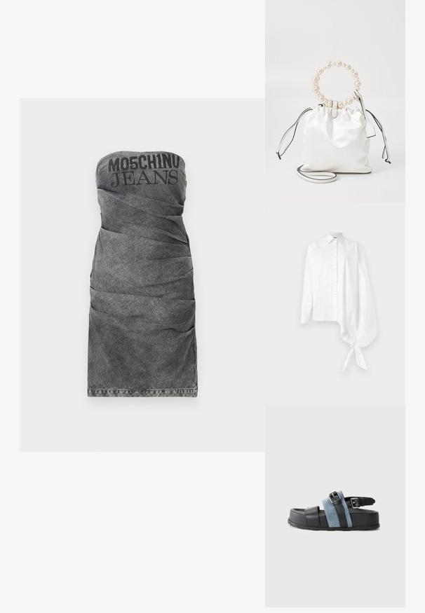 Strapless denim dress in faded black with gathered texture. Features bold "Moschino Jeans" logo at the top and a straight hem.; White long-sleeve button-up shirt with an asymmetric oversized gathered sleeve tied at the wrist on the right side.; Black and blue sandal with a thick platform, leather and denim material, adjustable buckle, and open-toe design.; White satin drawstring bag with a pearl-embellished circular handle, leather accents, and a detachable strap for versatility.