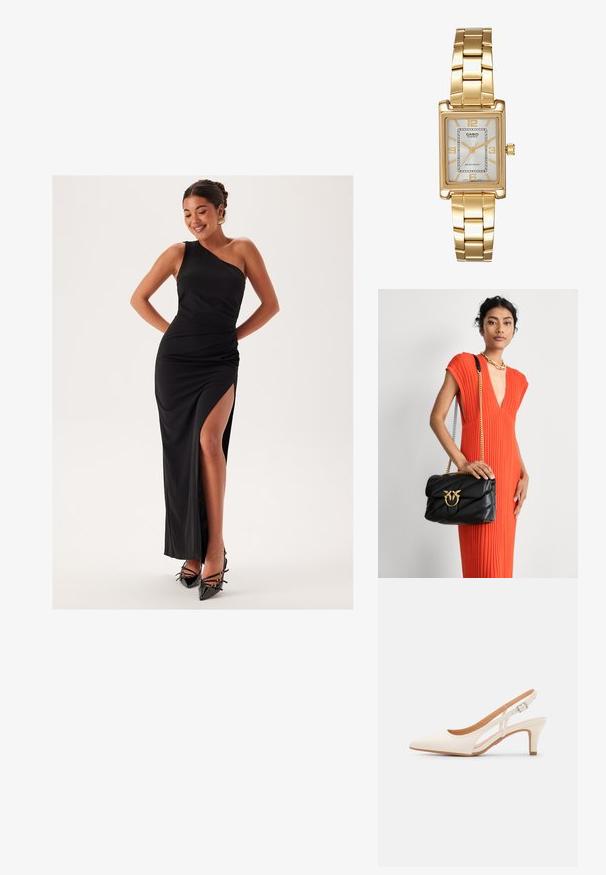 Abito da sera nero, con una spalla, caratterizzato da uno spacco alto fino alla coscia, design aderente, tessuto liscio e silhouette elegante. Abbinato a tacchi alti neri.; Slingback bianco con punta affusolata, materiale superiore liscio, tacco basso a blocco e design con ritagli laterali, dotato di cinturino regolabile con fibbia.; Borsa a tracolla in pelle nera con design trapuntato e dettagli in oro, dotata di una chiusura decorativa. La borsa ha una tracolla a catena ed è tenuta in mano.; Orologio da polso rettangolare dorato con quadrante bianco, indicatori delle ore in tono argento e un robusto bracciale in metallo. Include la funzione di resistenza all'acqua.