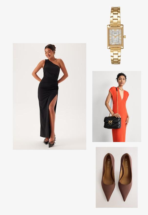 Czarna, wieczorowa sukienka na jedno ramię z wysokim rozcięciem na udzie, dopasowany krój, gładki materiał i smukła sylwetka. Połączona z czarnymi szpilkami.; Brązowe szpilki z satynowym wykończeniem, o ostrym czubku, gładkiej fakturze, z głębokim wycięciem i minimalistycznym designem. Wnętrze wyściełane beżową podszewką.; Czarna skórzana torebka o pikowanej konstrukcji z złotymi elementami, z dekoracyjnym zapięciem. Torebka ma łańcuszkowy pasek i jest trzymana w dłoni.; Złoty prostokątny zegarek na nadgarstek z białą tarczą, srebrnymi znacznikami godzin i wytrzymałym metalowym bransoletą. Wbudowana funkcja wodoodporna.