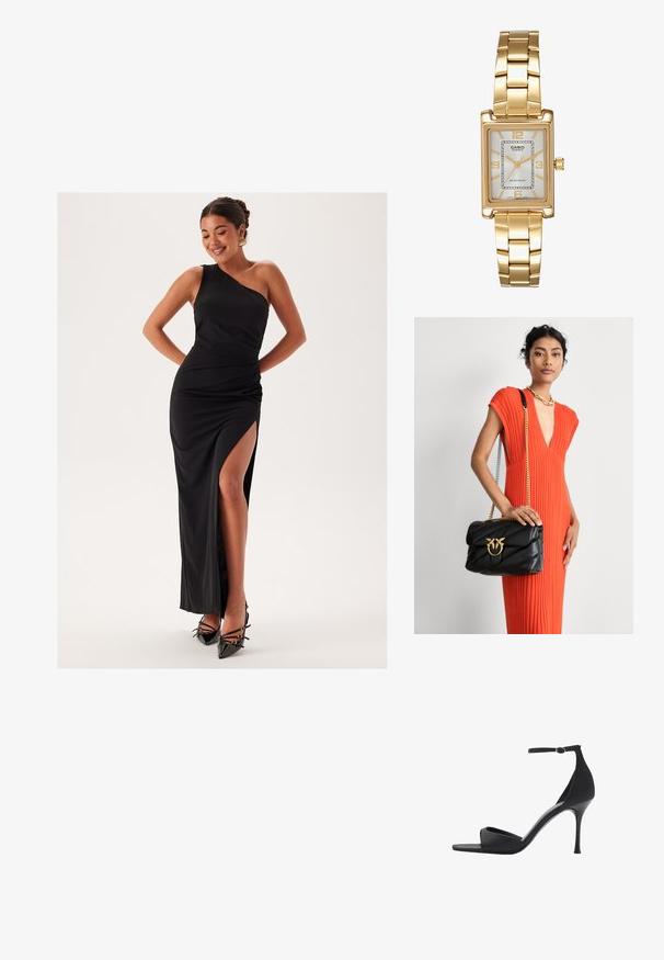 Černé večerní šaty na jedno rameno s vysokým rozparkem, přiléhavý střih, hladká látka a elegantní silueta. Doplněné černými vysokými podpatky.; Mango Sandály na vysokém podpatku - black; Černá kožená kabelka s prošívaným designem a zlatými detaily, s dekorativním sponou. Kabelka má řetězovou rukojeť a je držena v ruce.; Zlatý obdélníkový náramkový hodin s bílým ciferníkem, stříbrnými indexy a odolným kovovým náramkem. Obsahuje voděodolnou funkci.