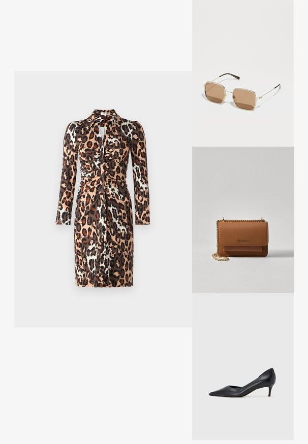 Diane von Furstenberg SHESKA DRESS - Päevakleit - jungle cat; Mustast nahast kontsakinga terava ninaga ja madala kontsaga. Omadused on sile pind ja peen läige. Esiosal on avatud lõige, mis lisab detaili.; Kulla metallist prillid ruudukujulise vormiga, pruunide toonitud läätsedega ning raamile on lisatud peeneid rohelisi ja punaseid aktsente. Õhukesed, ja sujuvad käed.; Pruun tekstureeritud nahk ristkeha kott kuldse ahelaga rihmaga ja klapiga sulgemine. Esiküljel on logo detail ja tasku klapi all.