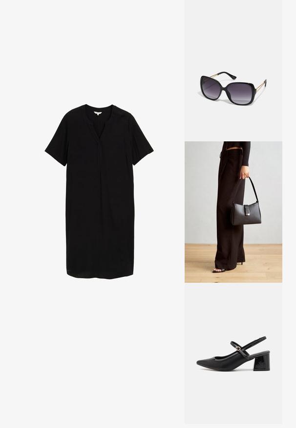 Black short-sleeve dress featuring a v-neckline, straight cut, and smooth fabric with a subtle sheen. No patterns or hardware details.; Black patent leather slingback heels with a pointed toe, a rounded cutout design, and a block heel. Features a gold-tone buckle accent.; Black oversized sunglasses with gradient lenses, thick frames, and gold-tone chain detailing on the temple arms.; Black handbag with structured shape, smooth texture, and a metallic clasp. Paired with wide black pants and open-toe sandals on wooden floor.