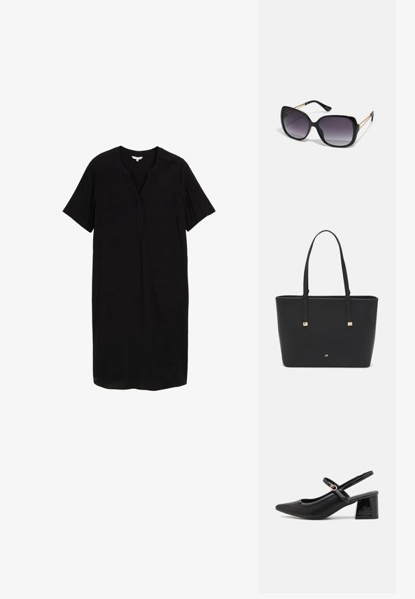 Melns īsām piedurknēm kleita ar V-veida kakla izgriezumu, taisnu piegriezumu un gludu audumu ar smalku spīdumu. Nav rakstiem vai metāla detaļām.; Melns patentēts ādas sandales ar norādīta pirksta formu, noapaļotu izgriezuma dizainu un bloķētu papēdi. Iezīmēta ar zelta toņa sprādzi.; Melni pārmērīgi lieli saulesbrilles ar gradāciju lēcām, biezām rāmja malām un zeltainas krāsas ķēžu detaļām uz tempļiem.; Melnā somiņa, kas izgatavota no sintētiska materiāla, ar vienkāršu taisnstūra formu, zelta kvadrātveida akcentiem un divām rokturiem.