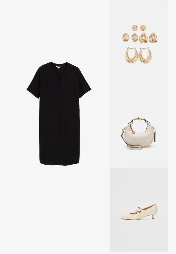 Must have lühikeste varrukatega must kleit, millel on V-kaelus, sirge lõige ja sile kangas, millel on kerge sära. Ilma mustrite või riistvaradeta.; Beige lakknahkse Mary Jane kingad kahe reguleeritava pandlaga, terava varbaga ja madala kontsaga. Sile tekstuur läikiva viimistlusega.; Kreemist nahast kott poolkuu kujuga, kullast riistvara, mustad aktsendid ja eemaldatav rihm. Omab kettidekoori ja sildiga. ; Kuldtoonides kõrvarõngaste komplekt, mis sisaldab kolm paari: tekstureeritud ovaalsed kinnised, lainelise disainiga kinnised ja suured rõngaskõrvarõngad, millel on kihilised sooned.