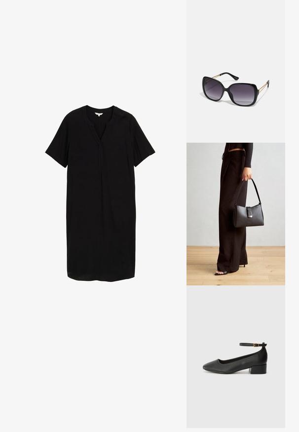 Vestido negro de manga corta con escote en V, corte recto y tejido suave con un ligero brillo. Sin patrones ni detalles metálicos.; Zapato de tacón negro de cuero con punta afilada y tacón bajo cuadrado. Presenta una correa para el tobillo con una hebilla en tono dorado. Textura suave.; Gafas de sol negras de gran tamaño con lentes degradados, montura gruesa y detalles de cadena en tono dorado en las patillas.; Bolso negro con forma estructurada, textura suave y un cierre metálico. Combinado con pantalones anchos negros y sandalias de dedo en un suelo de madera.