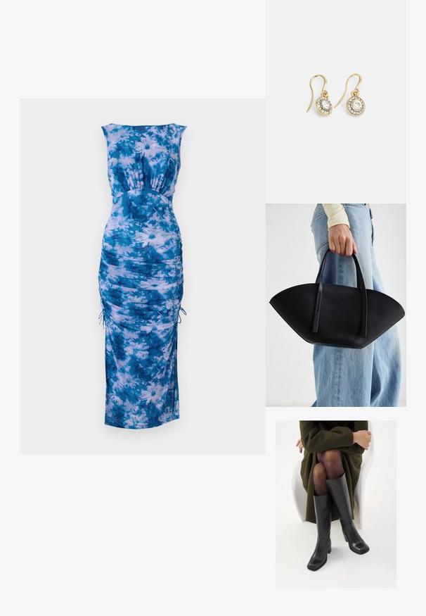 Zila ziedu kleita ar apaļu izgriezumu, ar drapējumu sānos un regulējamiem šnūriem. Mīksts audums ar gaismu un tumšu zilo toņu sajaukumu.; Ceļgalu augstuma melni ādas zābaki ar kvadrātu purngalu un bloku papēdi, attēloti modelī, kurš sēž olīvu zaļā mētelī. Gluda tekstūra, minimāla apdare.; Melnas ādas rokassoma ar unikālu ventilatora formu, aprīkota ar plakaniem rokturiem. Virsma ir ar graudainu faktūru un minimālistisku dizainu.; Zelta tonī veidotas auskaru piekariņi ar ovālu izgriezumu caurspīdīgām kristālēm, kuras ieskauj mazākas caurspīdīgas akmeņu daļiņas, ar āķveida dizainu drošai valkāšanai.