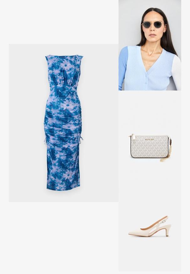 Niebieska sukienka w kwiaty z okrągłym dekoltem, marszczeniem po bokach i regulowanymi sznurkami. Miękka tkanina w połączeniu jasnoniebieskich i ciemnoniebieskich odcieni.; Biała szpilka slingback z ostrym noskiem, gładkim materiałem wierzchnim, niskim obcasem blokowym oraz wycięciami po bokach i regulowanym paskiem z klamrą.; Okrągłe okulary przeciwsłoneczne z ciemnymi soczewkami i złotymi ramkami. Modelka nosi jasnoniebieski kardigan w prążki z guzikami i białymi rękawami w kontrastowym kolorze.; Portfel na nadgarstek marki Michael Kors w beżowej, pokrytej płótnem, z powtarzającym się wzorem logo MK, złotym okuciem i odpinanym łańcuszkowym paskiem.