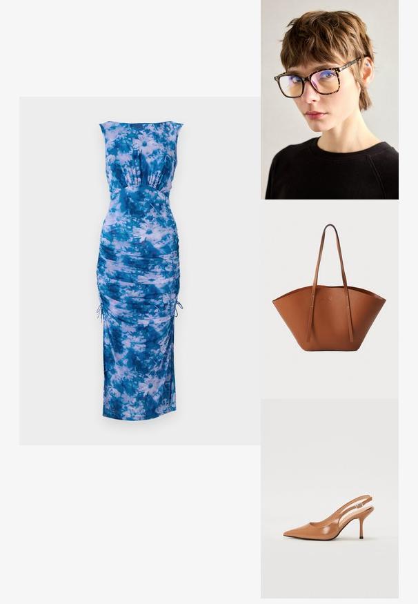 Plava cvjetna haljina s okruglim izrezom, nabranim stranama i podesivim navojima. Mekana tkanina s mješavinom svijetlih i tamnih plavih tonova.; Sandal s petom u obliku šiljastog prsta od glatkog, sjajnog smeškastog materijala. Ima zakrivljeni izrez i vitku štiklu. Detalj s srebrnom kopčom.; Ženske naočale od kornjačevine s velikim pravokutnim okvirom, s reflektirajućim lećama i tankim drškama, prikazane na neutralnoj pozadini.; Smeđa kožna torba za nošenje s širokim, strukturiranim oblikom, tankim ručkama i teksturiranom površinom. Ima minimalistički dizajn bez vidljivih dijelova metalne opreme.
