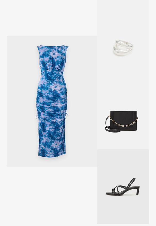 Niebieska sukienka w kwiaty z okrągłym dekoltem, marszczeniem po bokach i regulowanymi sznurkami. Miękka tkanina w połączeniu jasnoniebieskich i ciemnoniebieskich odcieni.; Czarne sandały na obcasie z prostokątnym noskiem i niskim słupkowym obcasem. Posiadają wiele cienkich pasków i regulowany pasek na kostkę. Wykonane z gładkiej skóry.; Czarna skórzana torebka typu crossbody z gładką teksturą, prostokątnym kształtem oraz metalowym detalem w postaci łańcuszka z przodu. W zestawie regulowany pasek.; Srebrna obrączka podwójna z gładką, polerowaną powierzchnią. Posiada płynny, zakrzywiony kształt z nakładającymi się sekcjami, co nadaje nowoczesny wygląd.
