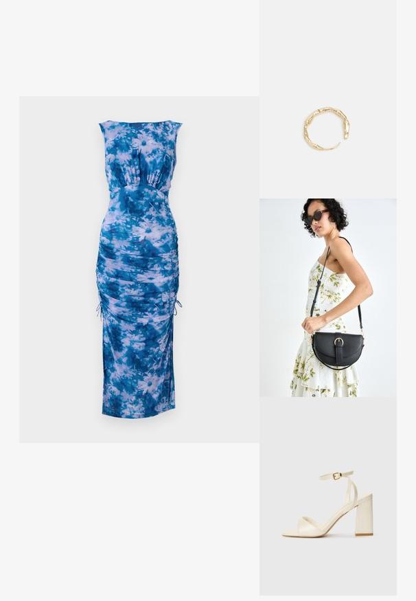 Modra cvetna obleka s krojem z vdolbinico, nabrano ob straneh in nastavljivimi vrvicami. Mehka tkanina z mešanico svetlih in temnih modrih odtenkov.; Sandali s peto v kremni barvi, z odprtim prstom, debelim blokastim petam, tankim gležnjarjem in subtilnim sijajem. Zaponka na traku.; Črna usnjena torbica s ukrivljeno obliko, z odstranljivo naramnico in zlatimi dodatki. Torbica ima pokrov s podrobnostmi v obliki zaponke.; Zlati prstan s organskim, zvitim dizajnom, gladko površino in taperiranimi konci, ki ustvarja modernega, skulpturalnega videza.